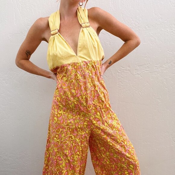 Vintage 1970's Groovy Yellow Pink Printed Wide Leg Halter Jumpsuit - Picture 4 of 4
